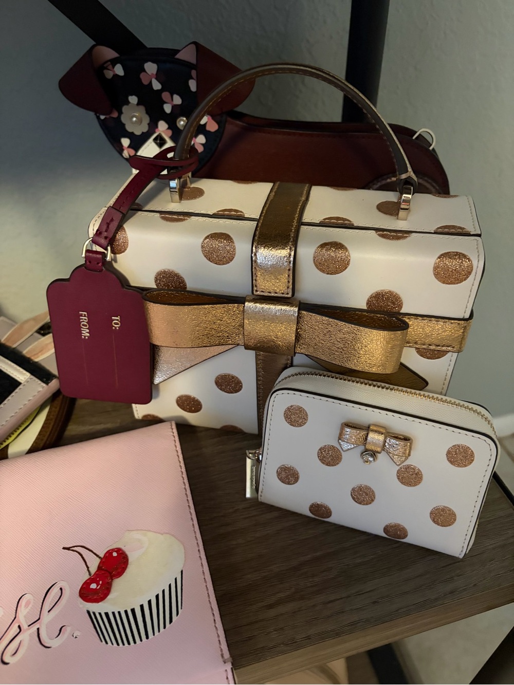 kate spade White and Gold Polka Dot Bow gift box Crossbody with Matching Wallet